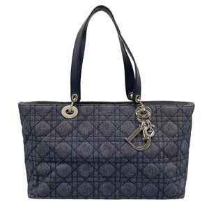 Auth DIOR/ChristianDior Cannage Stitch Navy Denim Leather Tote Bag